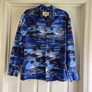 Ky's Long Sleeve‎ Blue Hawaiian Shirt Airplanes Men's Size M Cotton Button Down